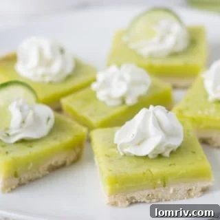Coconut Lime Bars with fluffy whipped cream and a sprinkle of lime zest.