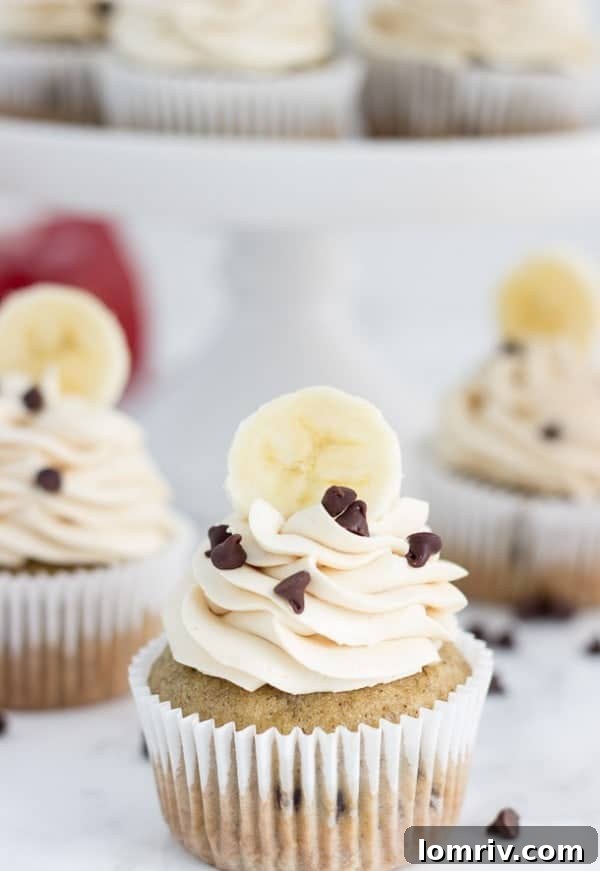Delicious Chocolate Chip Banana Cupcakes with Creamy Peanut Butter Frosting