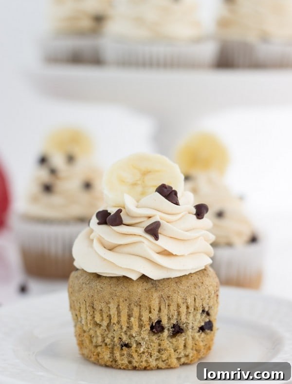 Up-close shot of a freshly baked Chocolate Chip Banana Cupcake