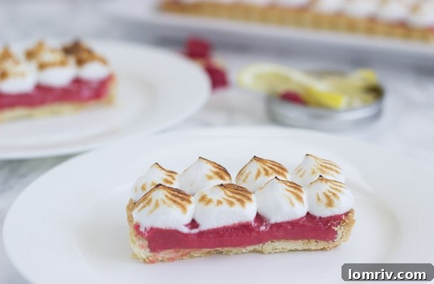 Raspberry Lemon Meringue Tart, sliced and ready to serve, showcasing the layers of crust, curd, and toasted meringue.