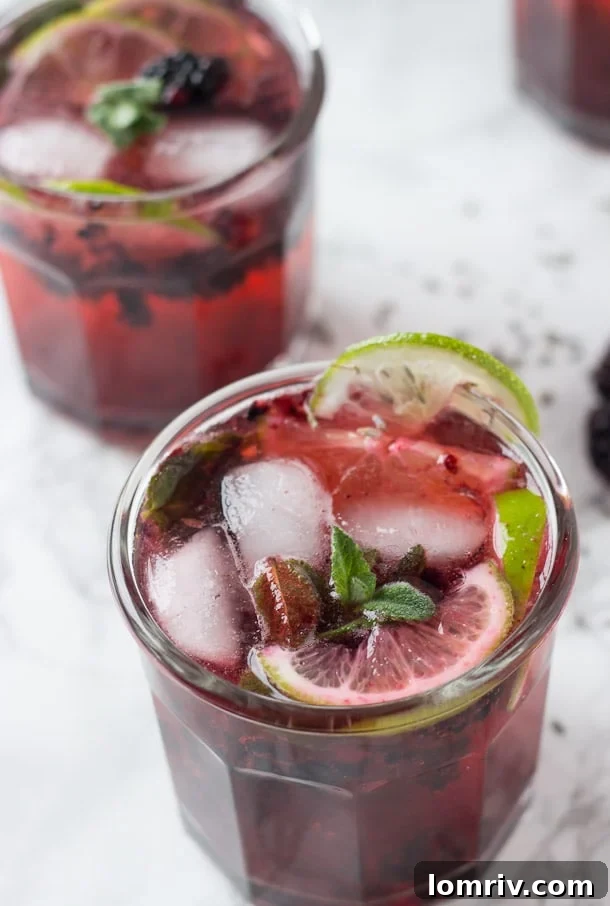 A beautifully garnished blackberry lavender cocktail, purple and vibrant, with fresh blackberries and a lavender sprig, perfect for summer