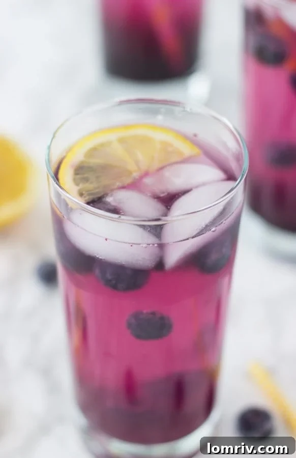 A glass bottle and a pitcher filled with sparkling blueberry lemonade, surrounded by fresh blueberries and lemon halves.