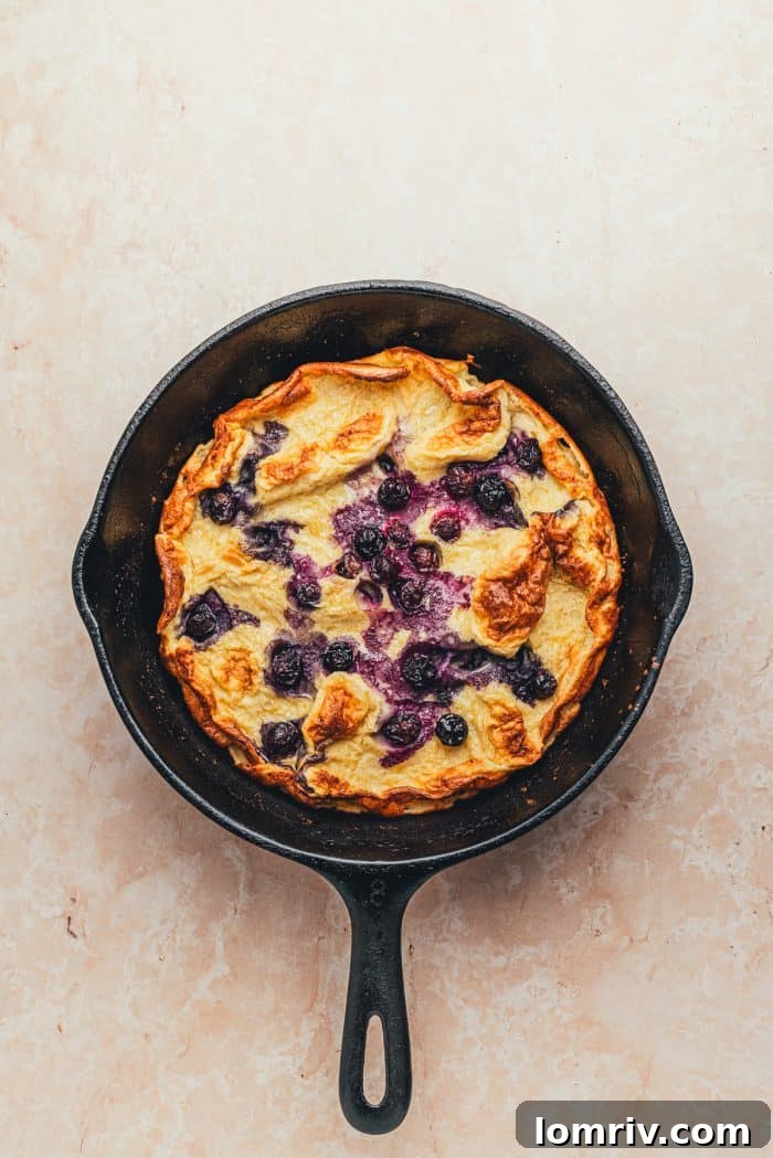 A skillet with a baked blueberry lemon Dutch pancake.