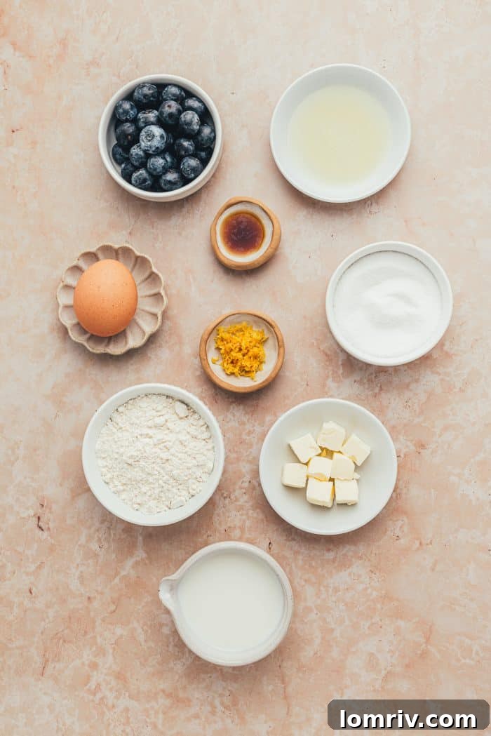 The ingredients used to make a blueberry lemon Dutch baby pancake