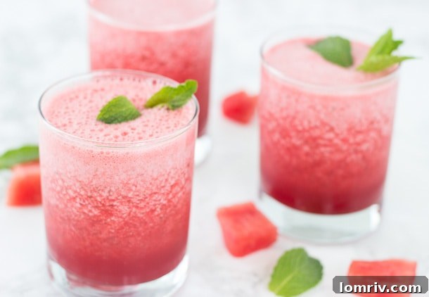 Close-up of Watermelon Mojito Coolers garnished with mint and lime