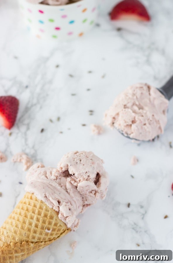 Close-up of Roasted Strawberry and Lavender Ice Cream
