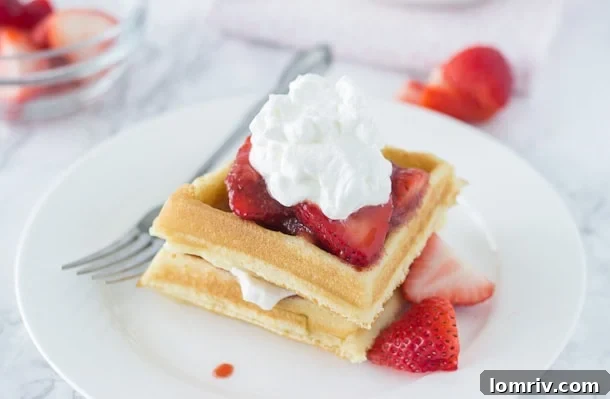 Coconut Waffles with Strawberry Rhubarb Compote, showcasing a beautifully plated dish ready for enjoyment.