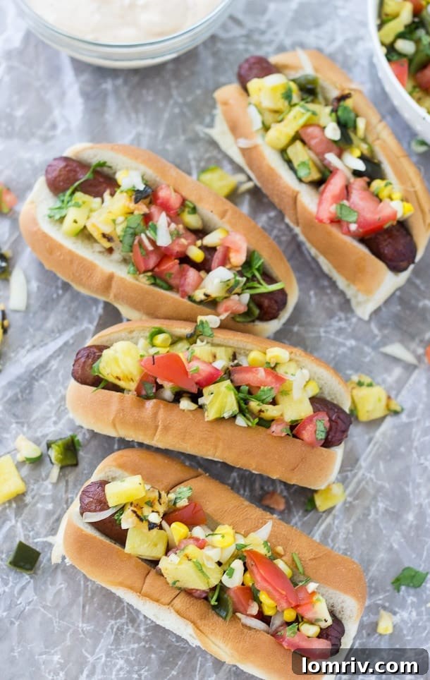 Gourmet Hot Dogs with Zesty Grilled Corn and Pineapple Relish and Smoky Chipotle Mayo