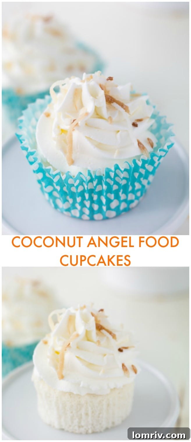 Light and airy coconut angel food cupcakes are topped with a coconut whipped cream frosting, garnished with toasted coconut flakes, presented on a white serving platter