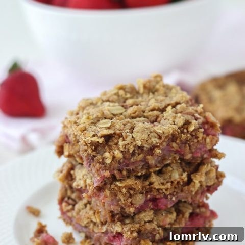 Delicious Strawberry Oatmeal Bars, perfect for breakfast, snack, or dessert.