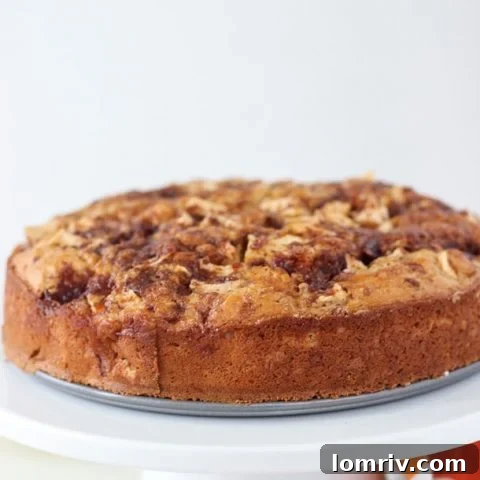 Caramel Apple Crumb Cake with a generous layer of crumb topping and a delicate caramel drizzle, perfectly baked.