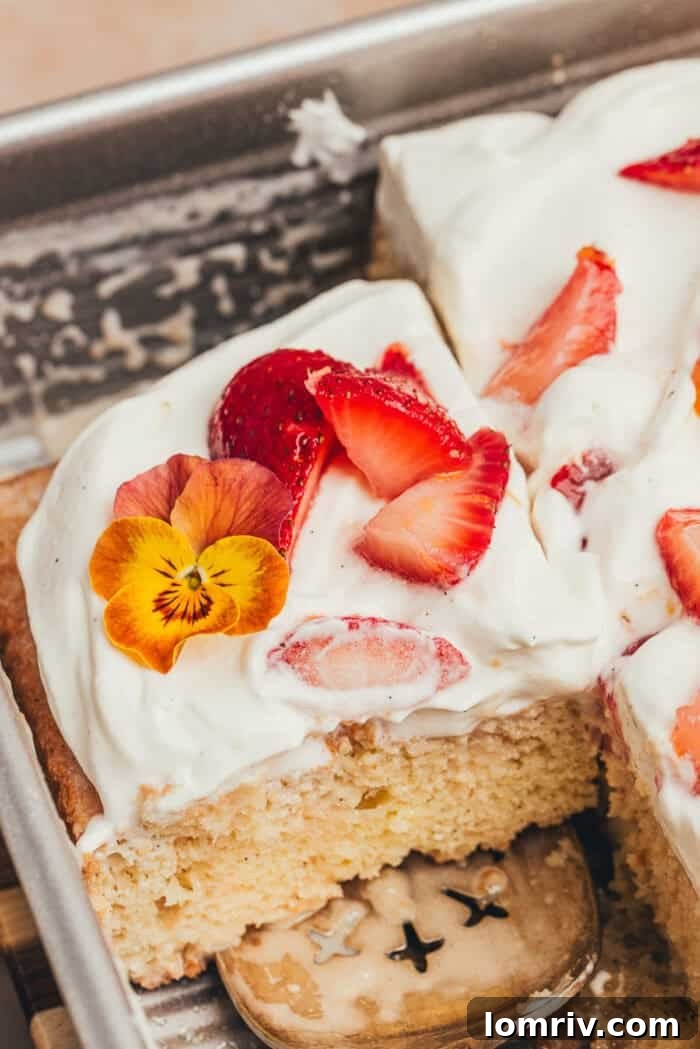 An overhead shot of sliced strawberry tres leches cake in a baking pan.
