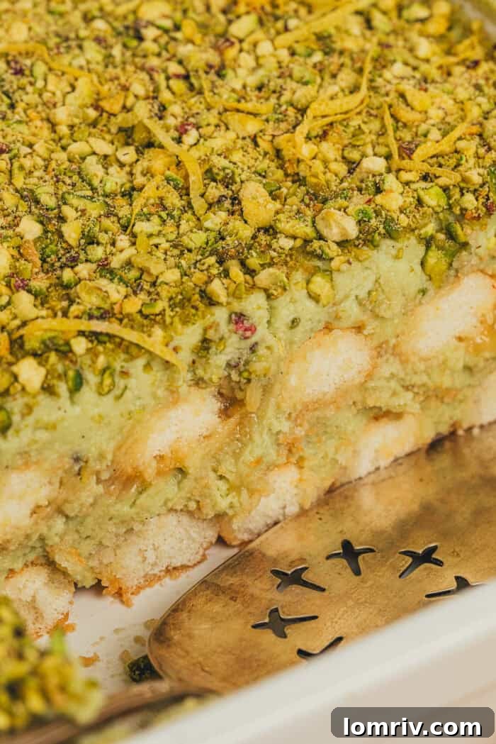 A side view of the tiramisu cake showing the lady fingers and layers of pistachio cream.