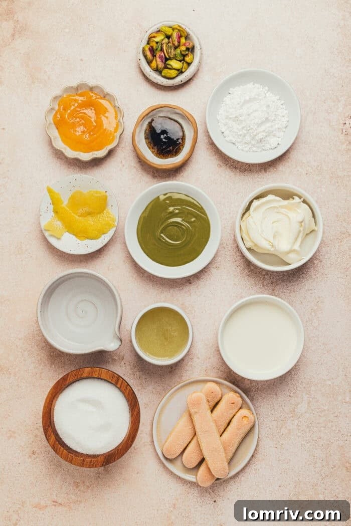 The ingredients used to make lemon pistachio tiramisu in various bowls.