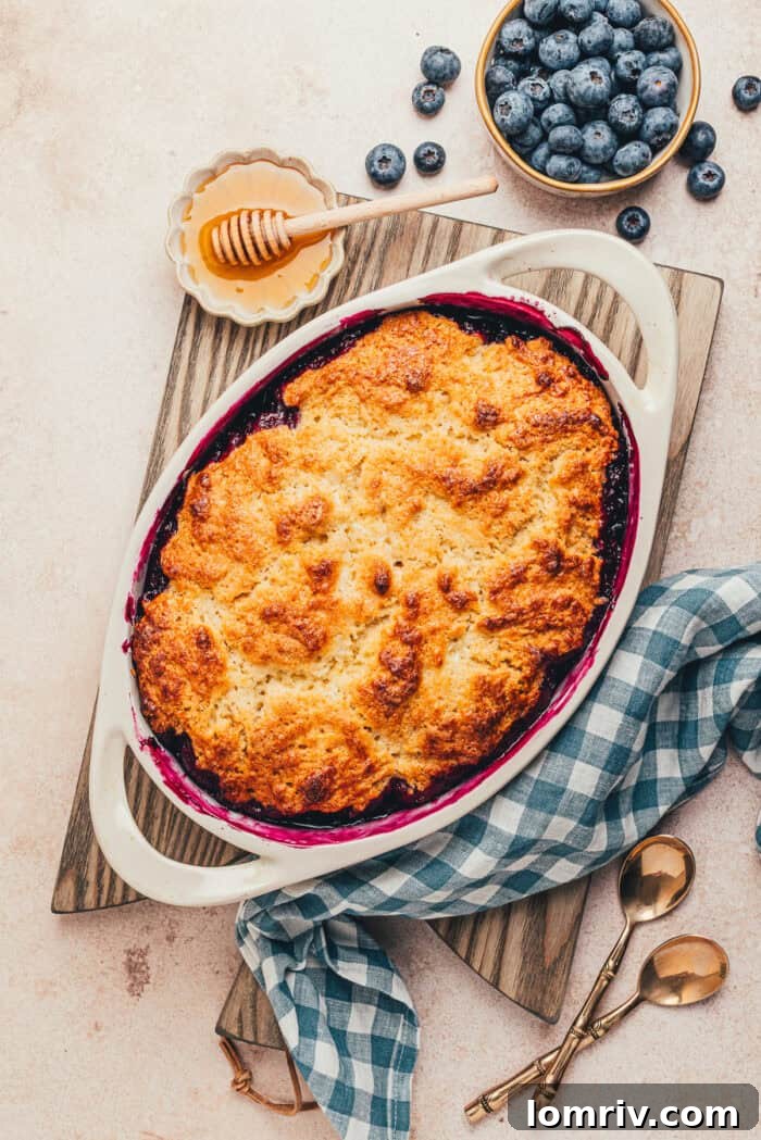 Honey-Sweetened Blueberry Cobbler Recipe with Fresh Berries 2 The baked blueberry cobbler in an oval baking dish.