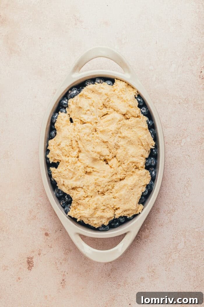 Honey-Sweetened Blueberry Cobbler Recipe with Fresh Berries 14 The cobbler dough dropped over the blueberries in an oval dish.