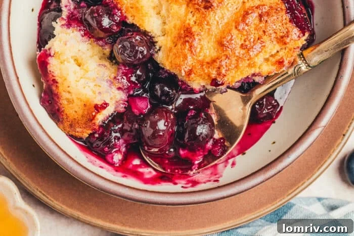 Honey-Sweetened Blueberry Cobbler Recipe with Fresh Berries 18 A bowl with a serving of blueberry cobbler and a spoon.
