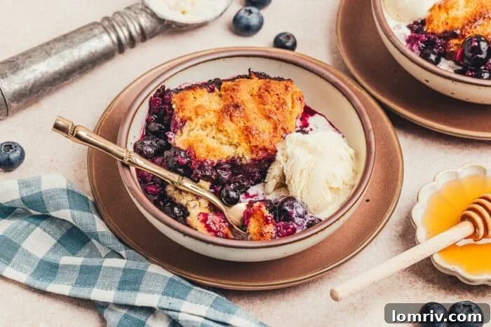 Honey-Sweetened Blueberry Cobbler Recipe with Fresh Berries 19 A plate with a serving of honey Sweetened blueberry cobbler.