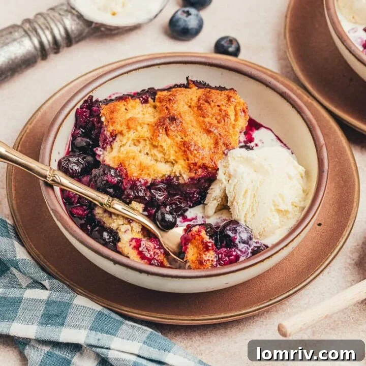 A plate with a serving of honey Sweetened blueberry cobbler.